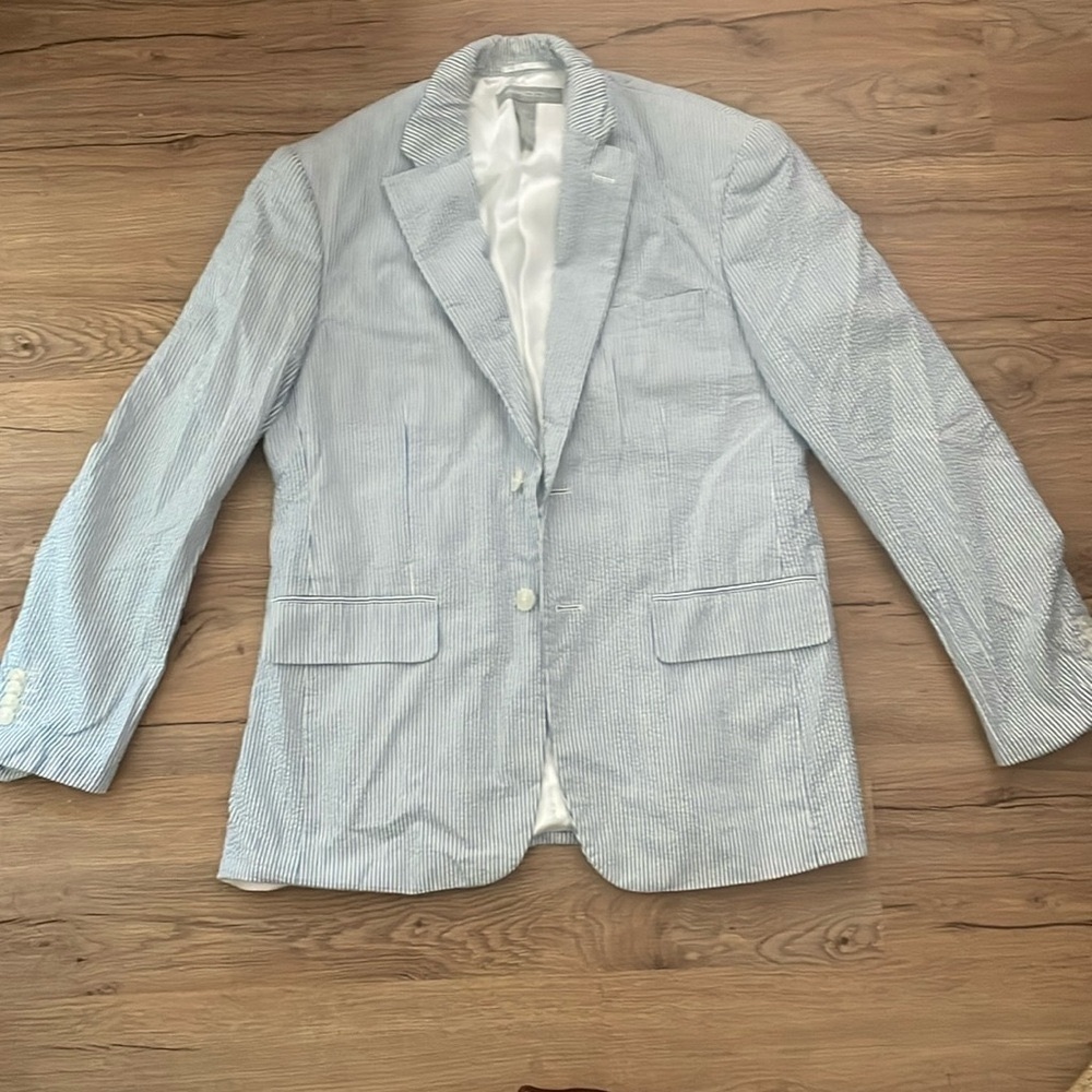 Blue and white seersucker blazer